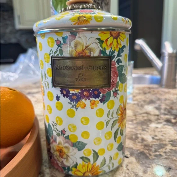 Vintage MacKenzie-Childs Yellow Polka Dot Floral Canister - Picture 1 of 9